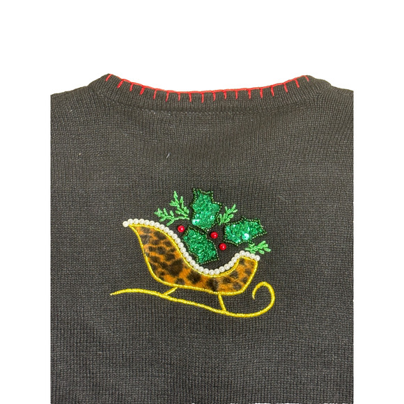 Christmas Sweater Embellished Pearls Sequin Black Animal Print Sleighs Sz Large - Picture 9 of 10